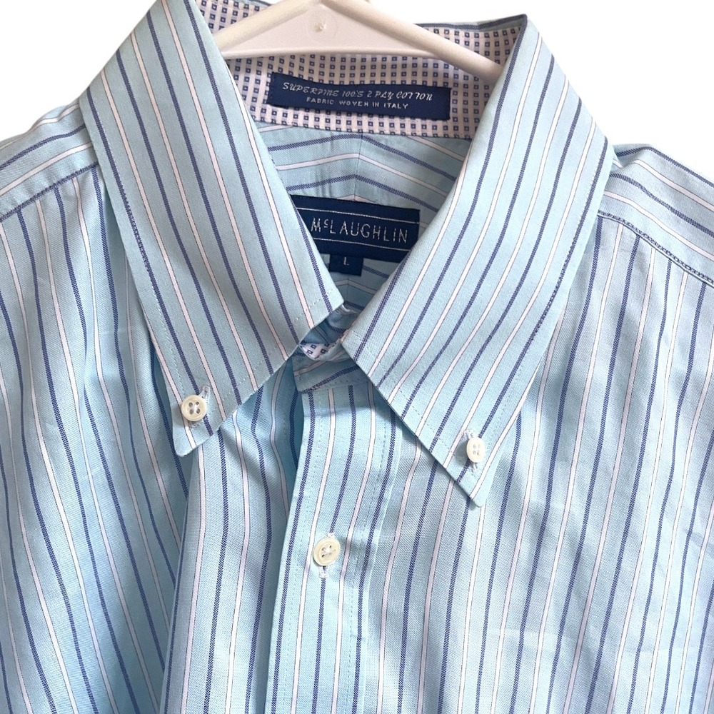 J. McLaughlin Men's Blue Stripe Superfine 100's 2 Ply Cotton Button Down Shirt L